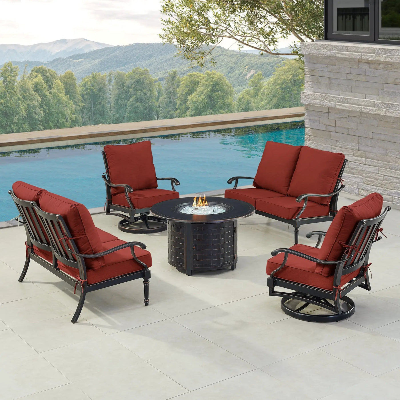 Black Aluminum Fire Table Set with Two Loveseats and Two Club Chairs by Sharicks