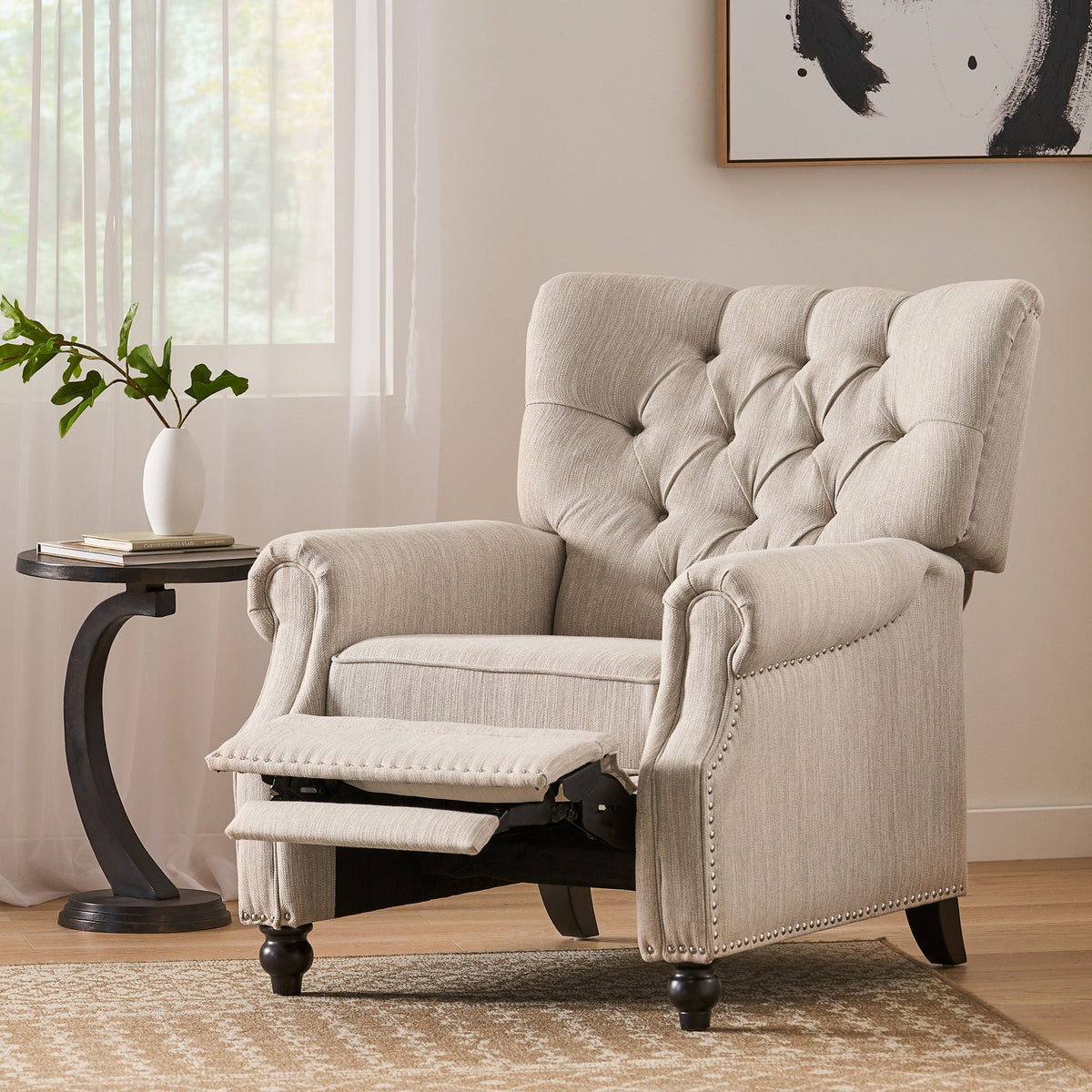 Welch Contemporary Tufted Pushback Recliner with Nailhead Trim - Beige or Light Brown, photo 3 of 8