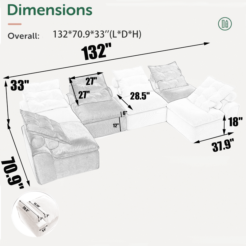 Modular Sofa 6-Piece Set with Neck & Waist Pillows - Beige Corduroy, photo 2 of 7