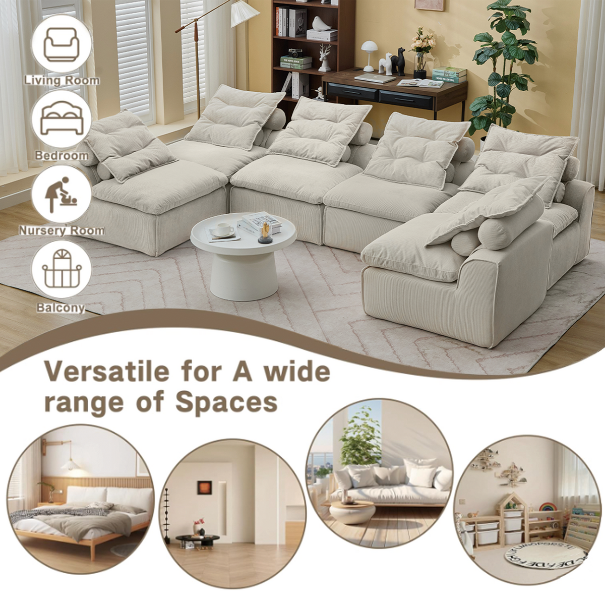Modular Sofa 6-Piece Set with Neck & Waist Pillows - Beige Corduroy, photo 3 of 7