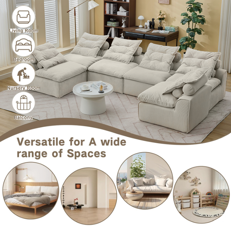 Modular Sofa 6-Piece Set with Neck & Waist Pillows - Beige Corduroy, photo 3 of 7