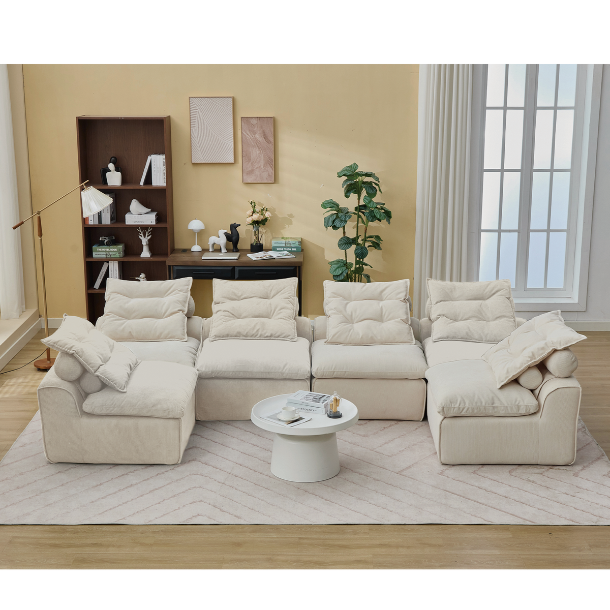 Modular Sofa 6-Piece Set with Neck & Waist Pillows - Beige Corduroy, photo 5 of 7