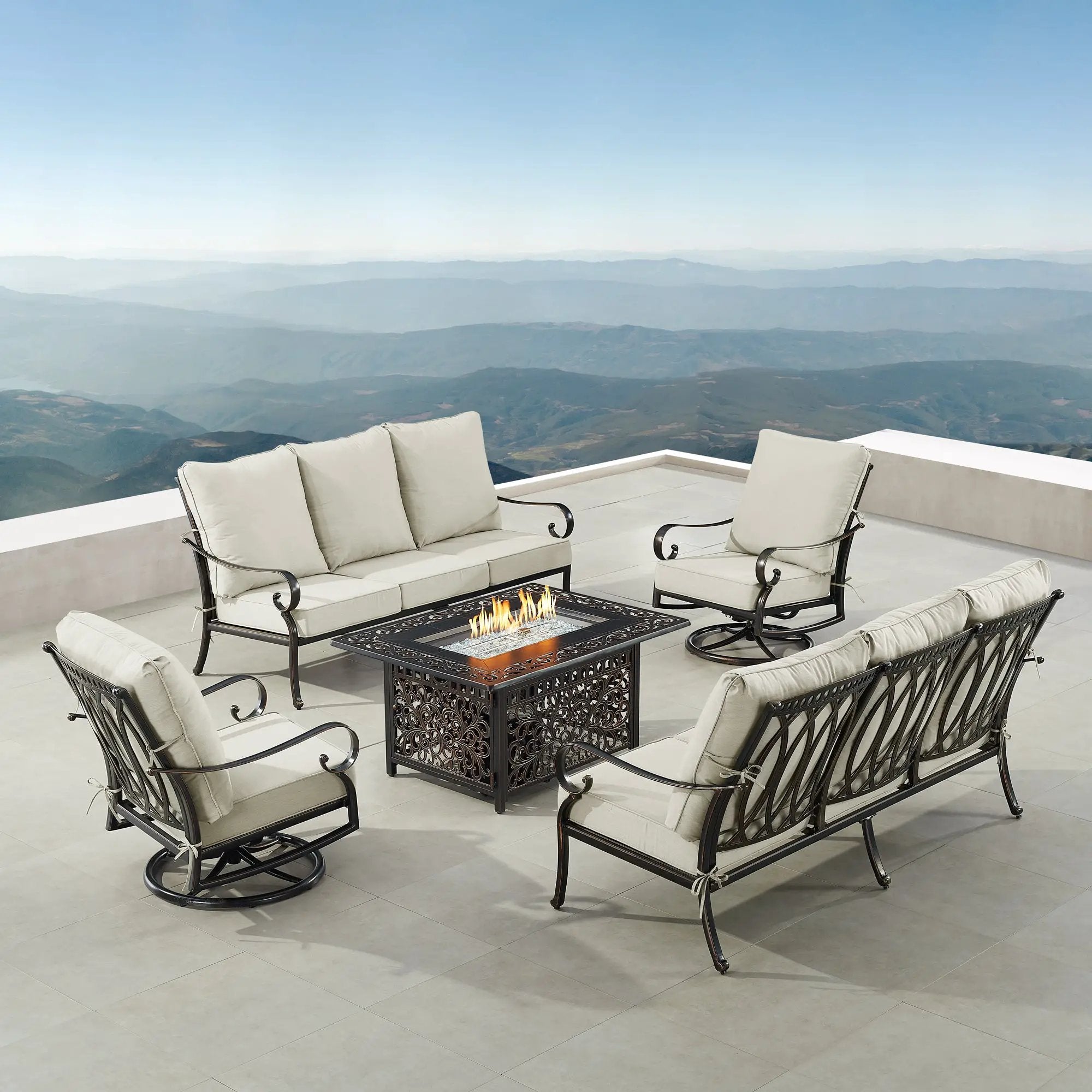 Black Aluminum Fire Table Set with Two Sofas and Two Club Chairs by Sharicks