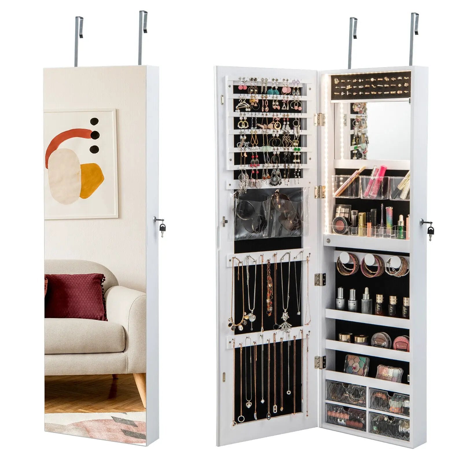 Wall Mounted Jewelry Cabinet with 3-Color Lights by DirectDeals