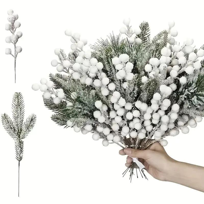 White Artificial Berry and Cedar Christmas Decor, 30pcs Winter Branches by House Of Avana