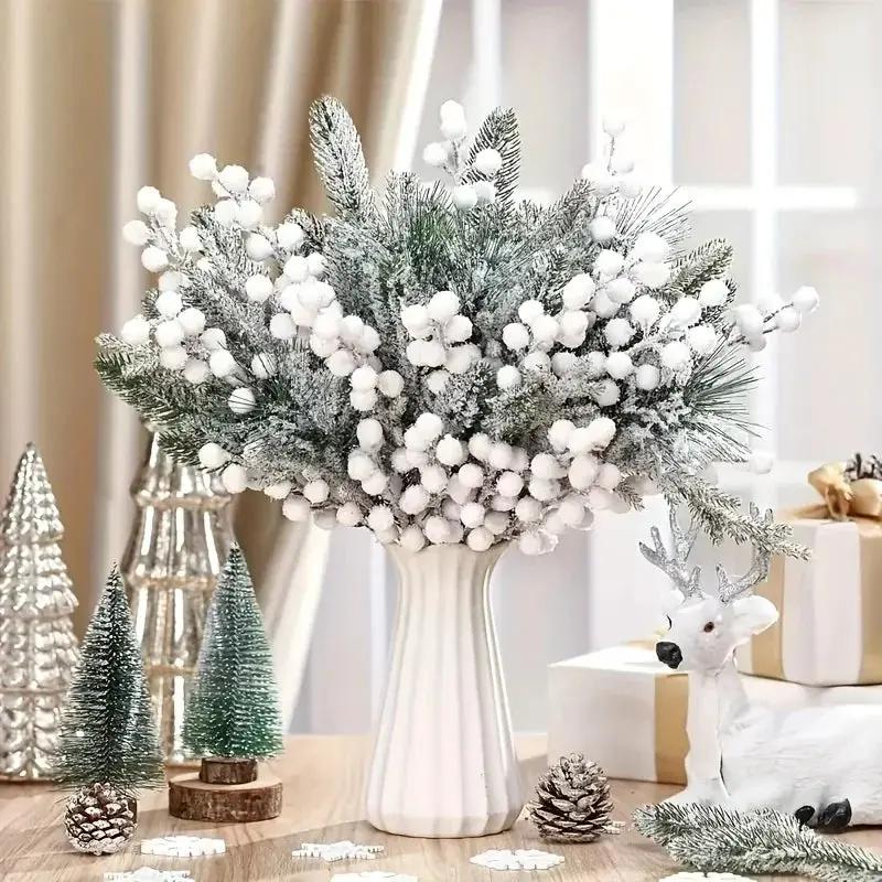 White Artificial Berry and Cedar Christmas Decor, 30pcs Winter Branches by House Of Avana