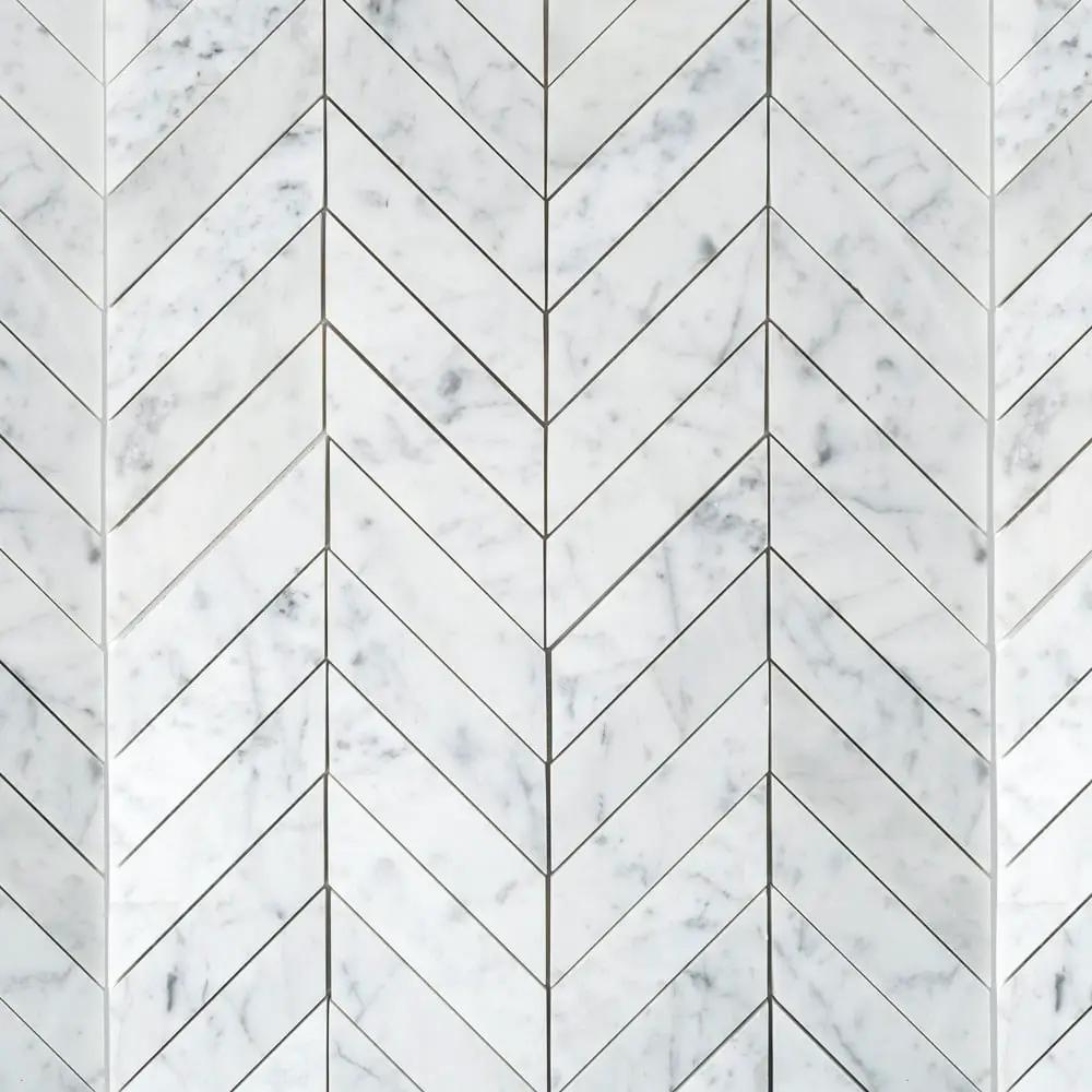 White Carrara Honed Chevron Marble Tiles 10x13 closeup 5