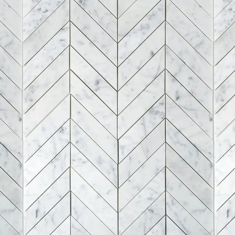 White Carrara Honed Chevron Marble Tiles 10x13 closeup 5