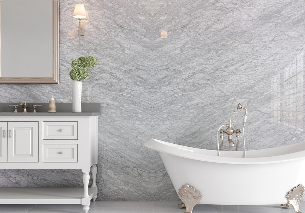 White Carrara Honed Marble Slab Random room scene
