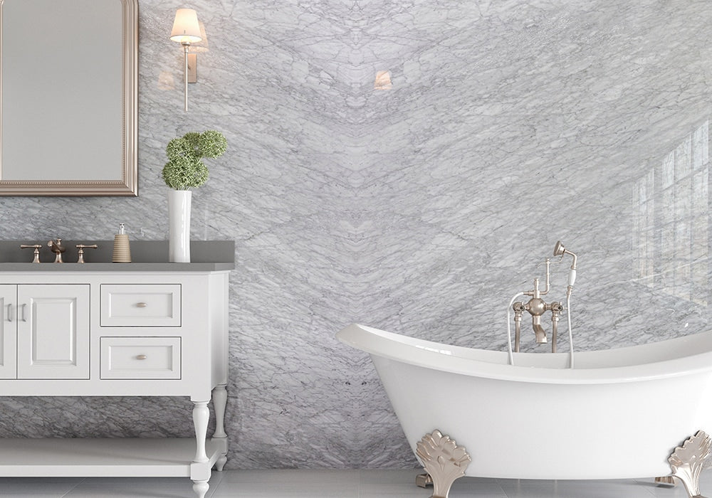 White Carrara Polished Marble Slab Random 3/4 room scene