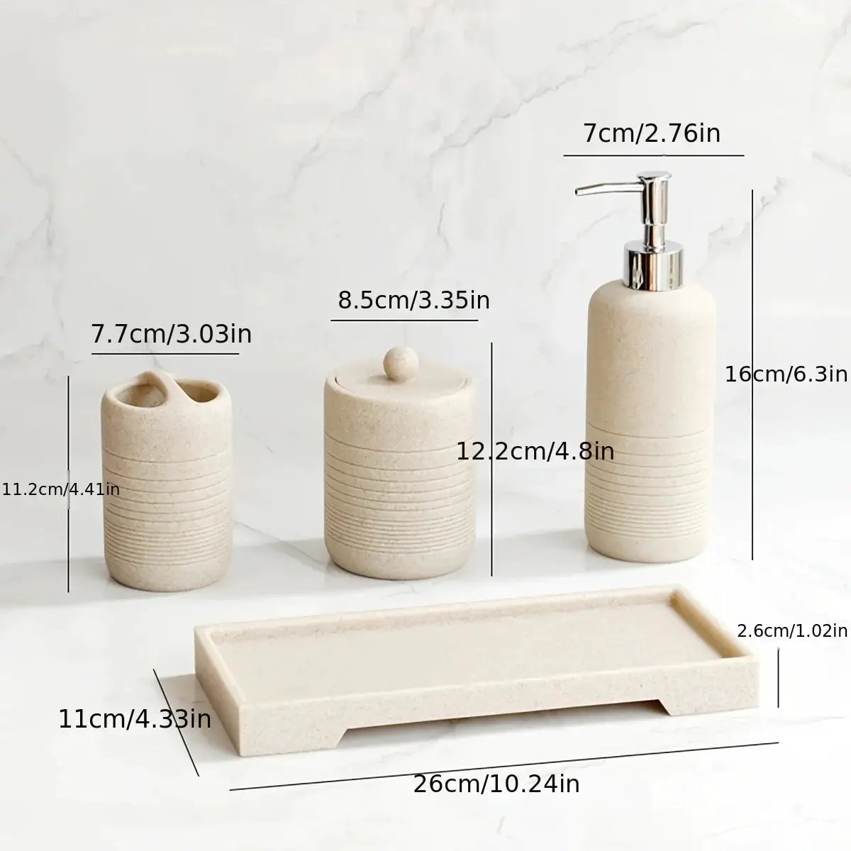 White Crystal Sandstone Beige Gray Sandstone Featured Bathroom Four-Piece Set Lotion Bottle Toothbrush Holder Swab Box Tray by House Of Avana