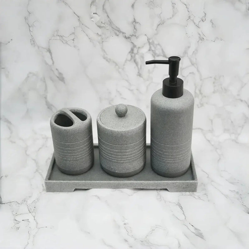 White Crystal Sandstone Beige Gray Sandstone Featured Bathroom Four-Piece Set Lotion Bottle Toothbrush Holder Swab Box Tray by House Of Avana