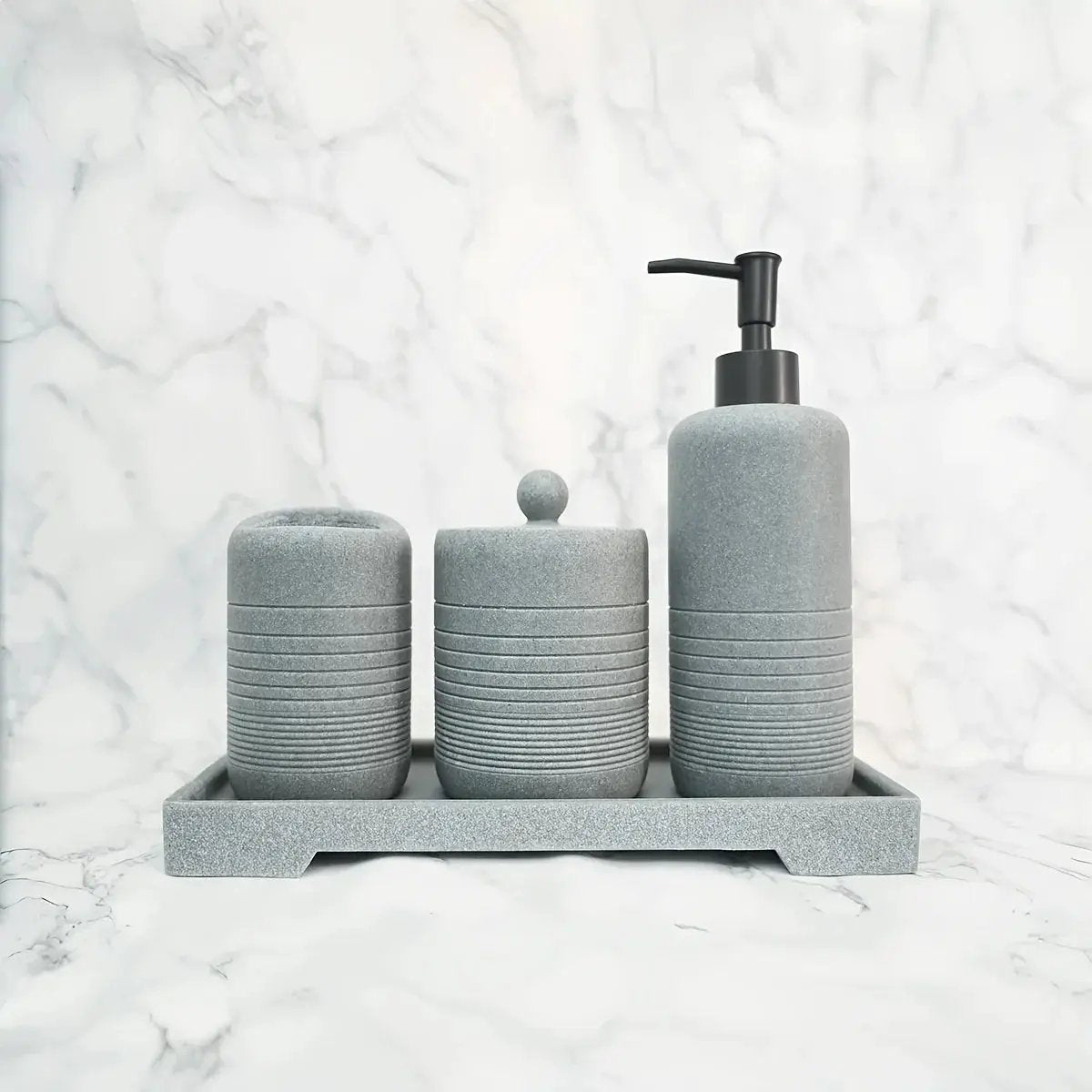 White Crystal Sandstone Beige Gray Sandstone Featured Bathroom Four-Piece Set Lotion Bottle Toothbrush Holder Swab Box Tray by House Of Avana
