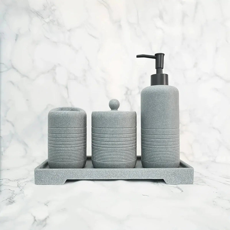 White Crystal Sandstone Beige Gray Sandstone Featured Bathroom Four-Piece Set Lotion Bottle Toothbrush Holder Swab Box Tray by House Of Avana