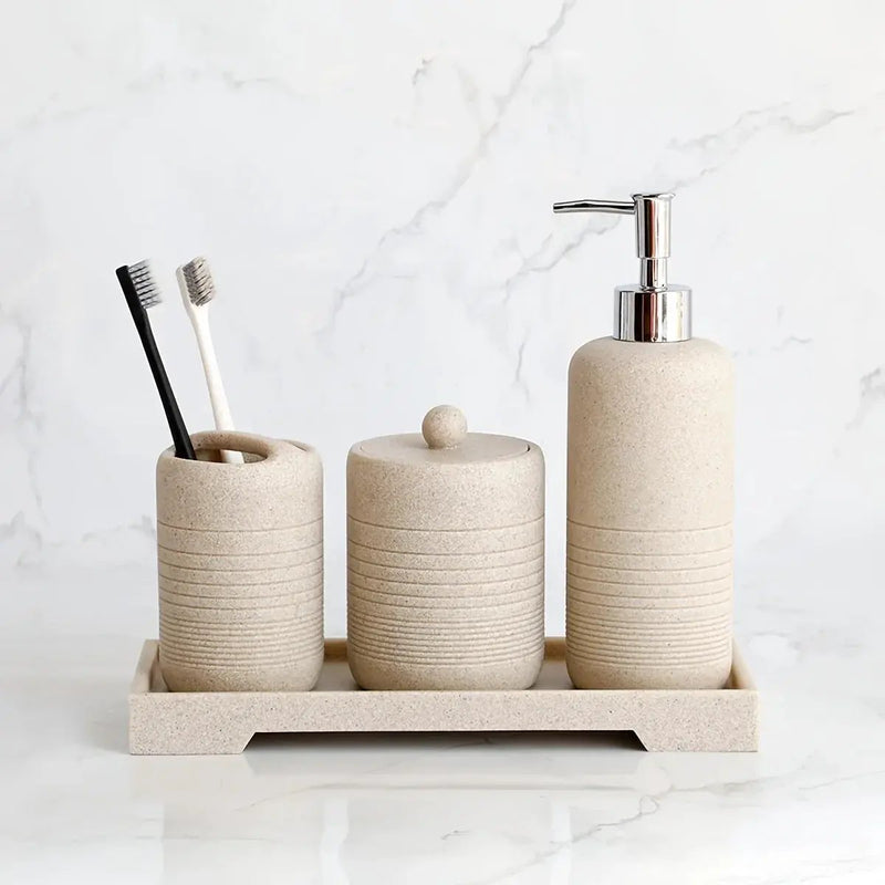 White Crystal Sandstone Beige Gray Sandstone Featured Bathroom Four-Piece Set Lotion Bottle Toothbrush Holder Swab Box Tray by House Of Avana