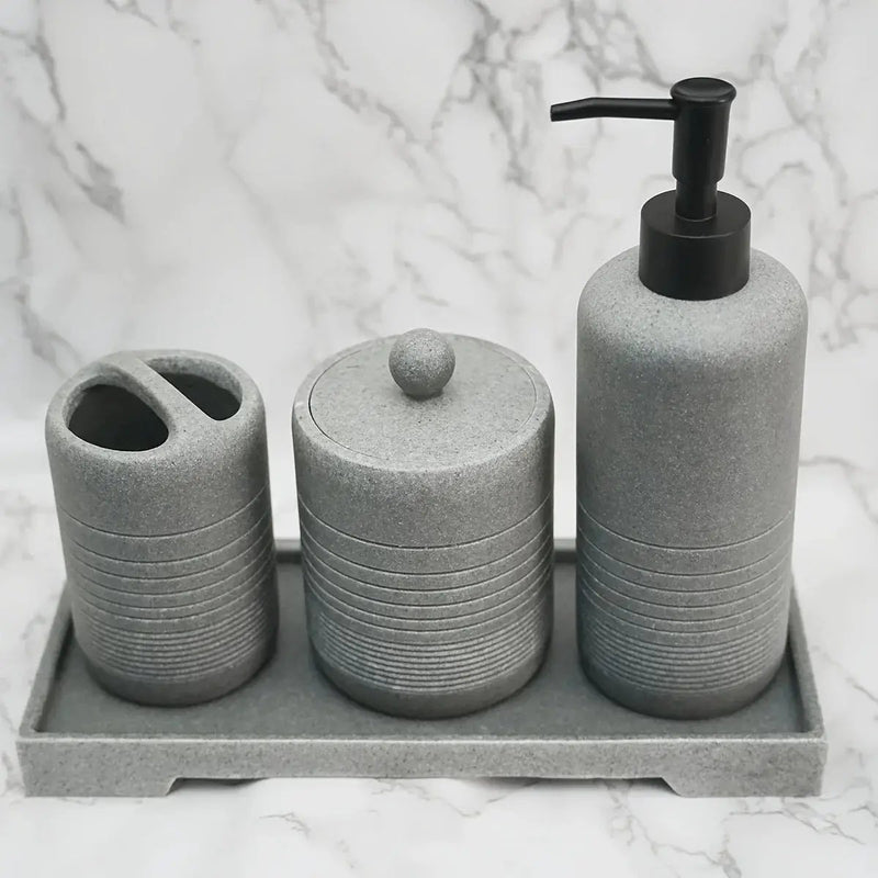 White Crystal Sandstone Beige Gray Sandstone Featured Bathroom Four-Piece Set Lotion Bottle Toothbrush Holder Swab Box Tray by House Of Avana