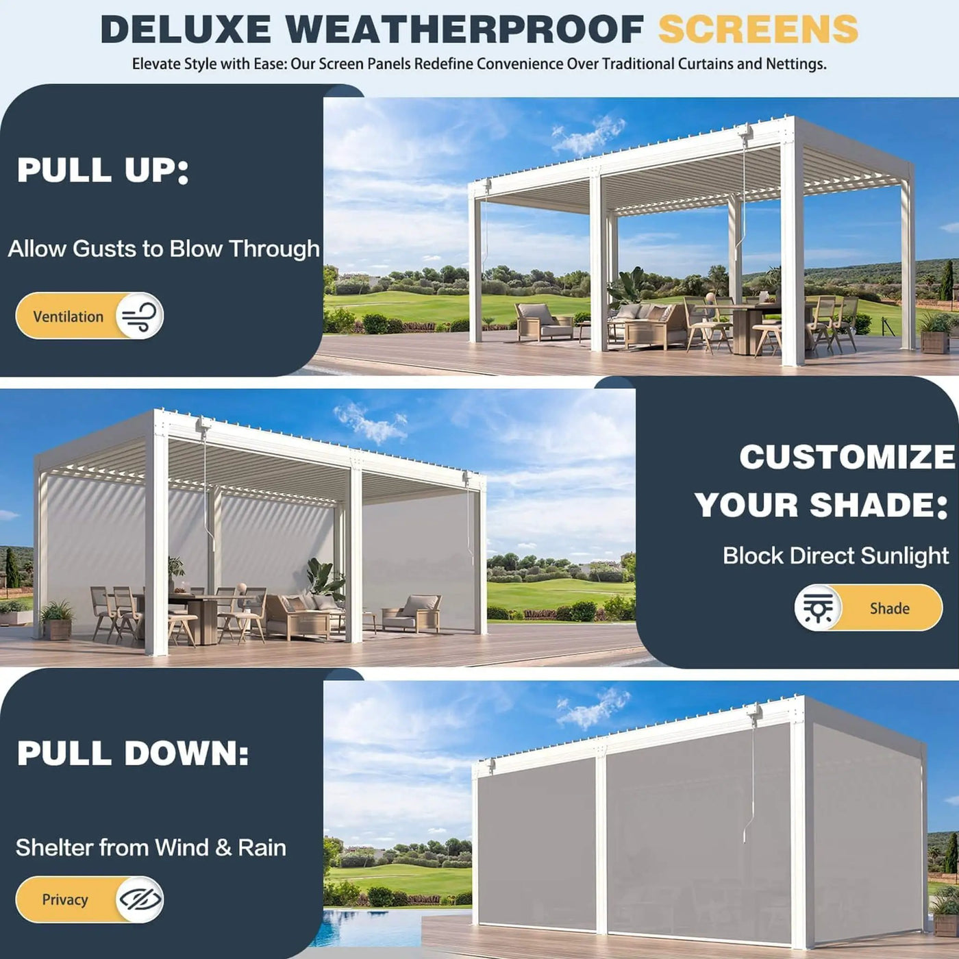Alora Louvered Aluminum Pergola With Adjustable Roof And Pull-Down Screens (SAK46817) by SAKSBY WHOLESALE