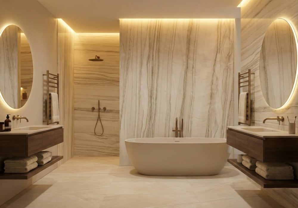 White Mustang Polished Quartzite Slab Random room scene 3