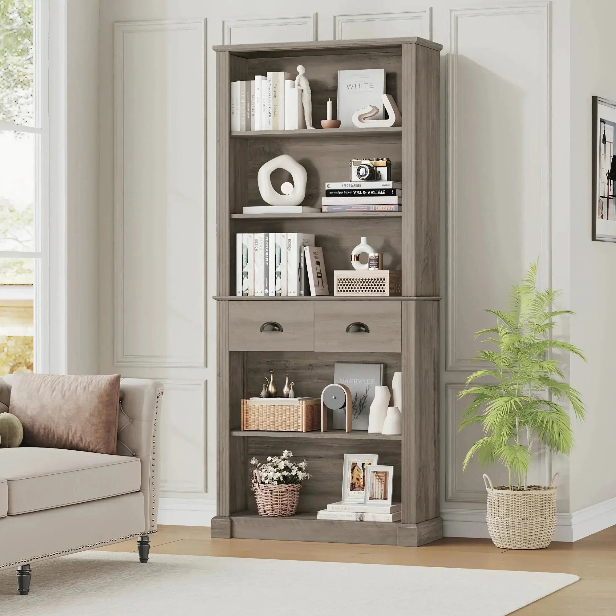 White Wooden 5-Tier Bookshelf with 2 Drawers and Adjustable Shelves by House Of Avana