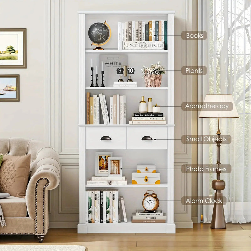 White Wooden 5-Tier Bookshelf with 2 Drawers and Adjustable Shelves by House Of Avana