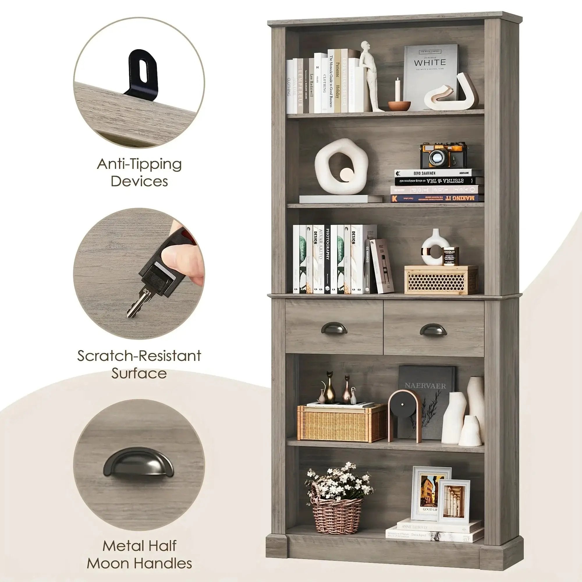 White Wooden 5-Tier Bookshelf with 2 Drawers and Adjustable Shelves by House Of Avana