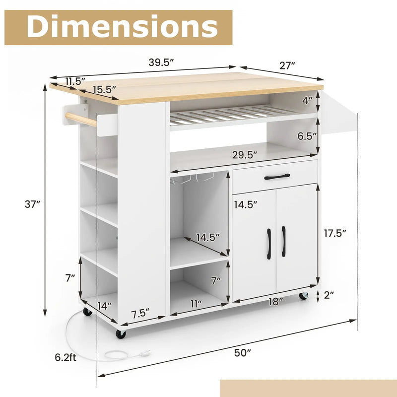Rolling Kitchen Island Cart with Power Outlet for Dining Room-White and Natural by DirectDeals