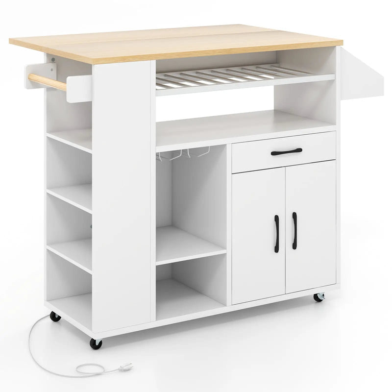 Rolling Kitchen Island Cart with Power Outlet for Dining Room-White and Natural by DirectDeals