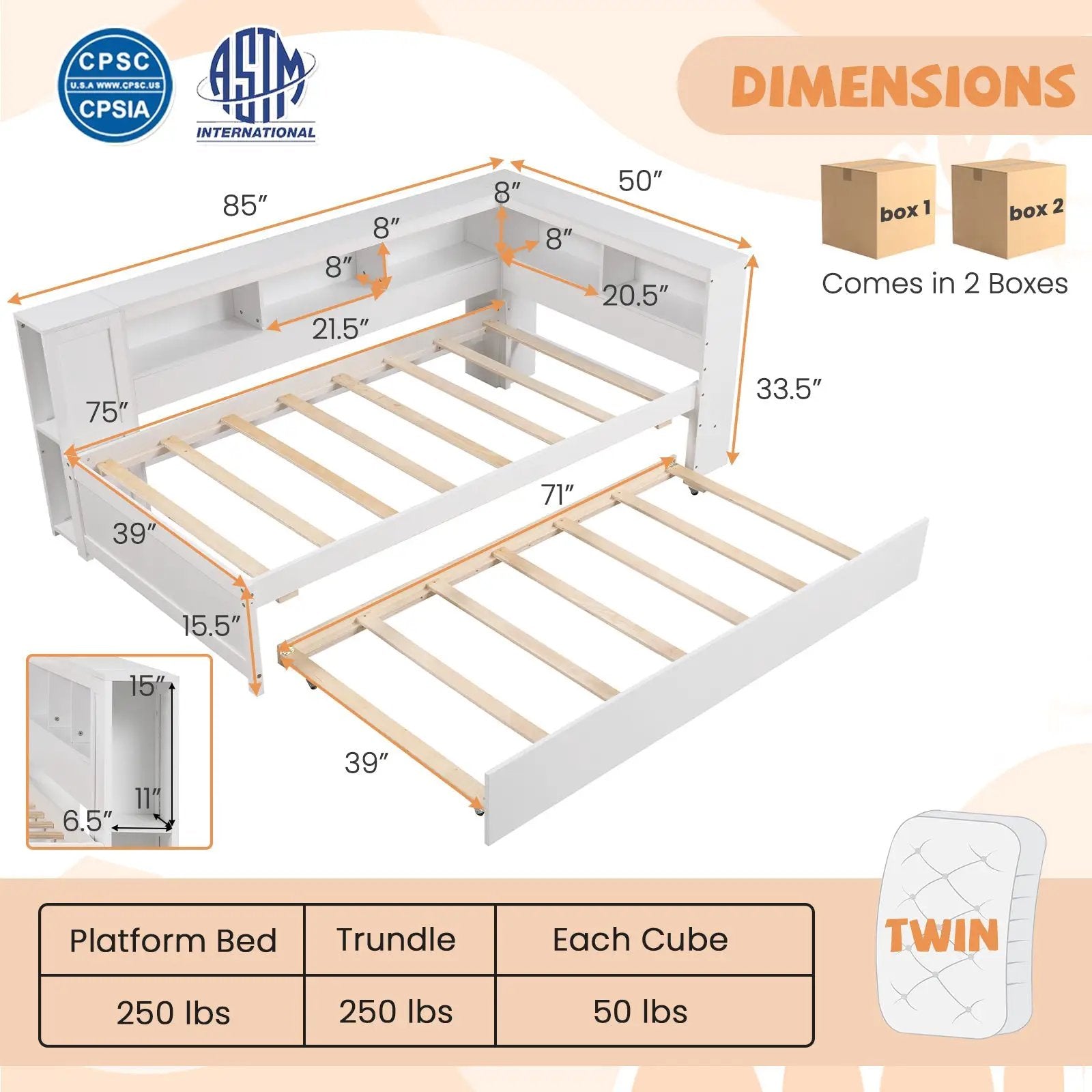 Twin Size Daybed Platform Bed Frame with Trundle and Bedside Shelves-White by DirectDeals