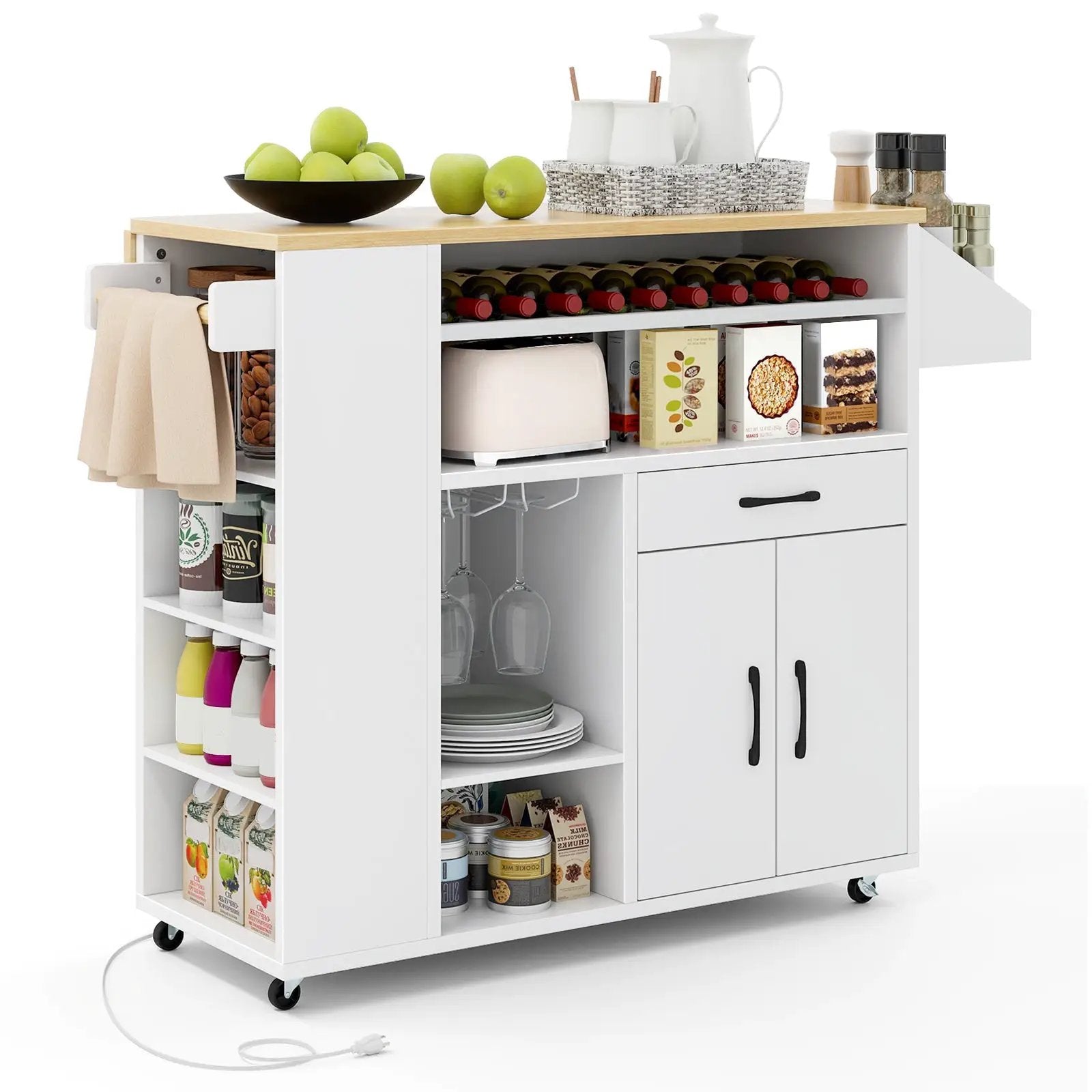 Rolling Kitchen Island Cart with Power Outlet for Dining Room-White and Natural by DirectDeals