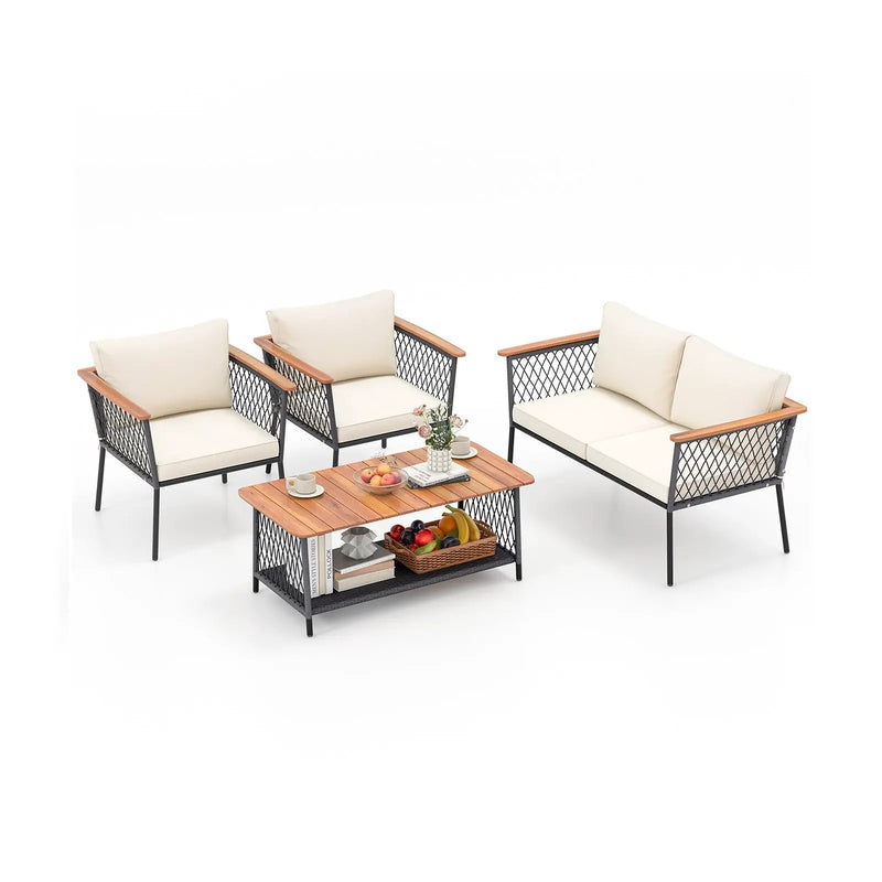 4 Piece Patio Rattan Furniture Set with 2-Tier Coffee Table-White by DirectDeals