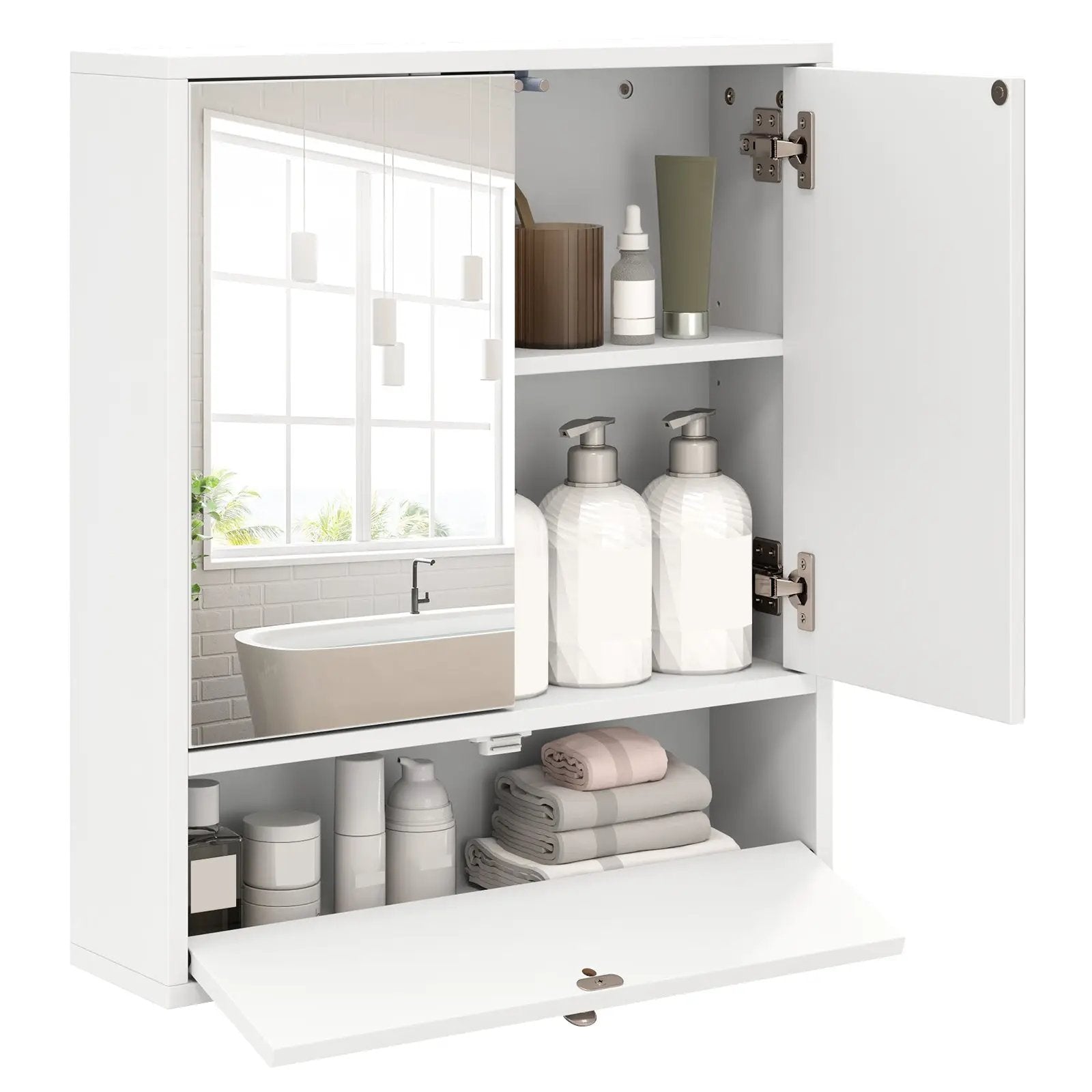 Double Door Wall-Mounted Bathroom Mirrored Medicine Cabinet-White by DirectDeals
