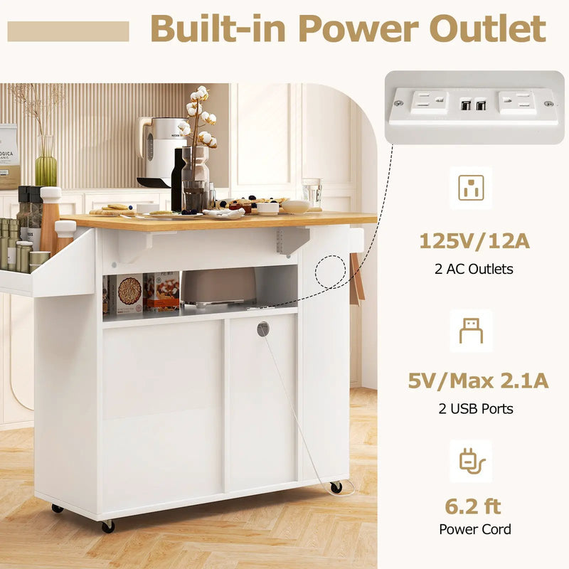 Rolling Kitchen Island Cart with Power Outlet for Dining Room-White and Natural by DirectDeals