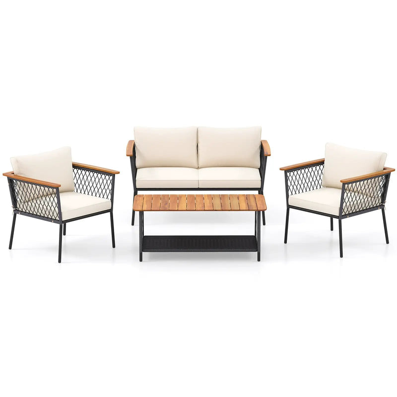 4 Piece Patio Rattan Furniture Set with 2-Tier Coffee Table-White by DirectDeals