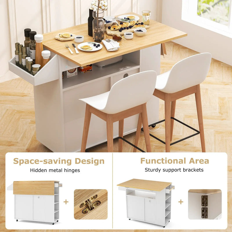 Rolling Kitchen Island Cart with Power Outlet for Dining Room-White and Natural by DirectDeals