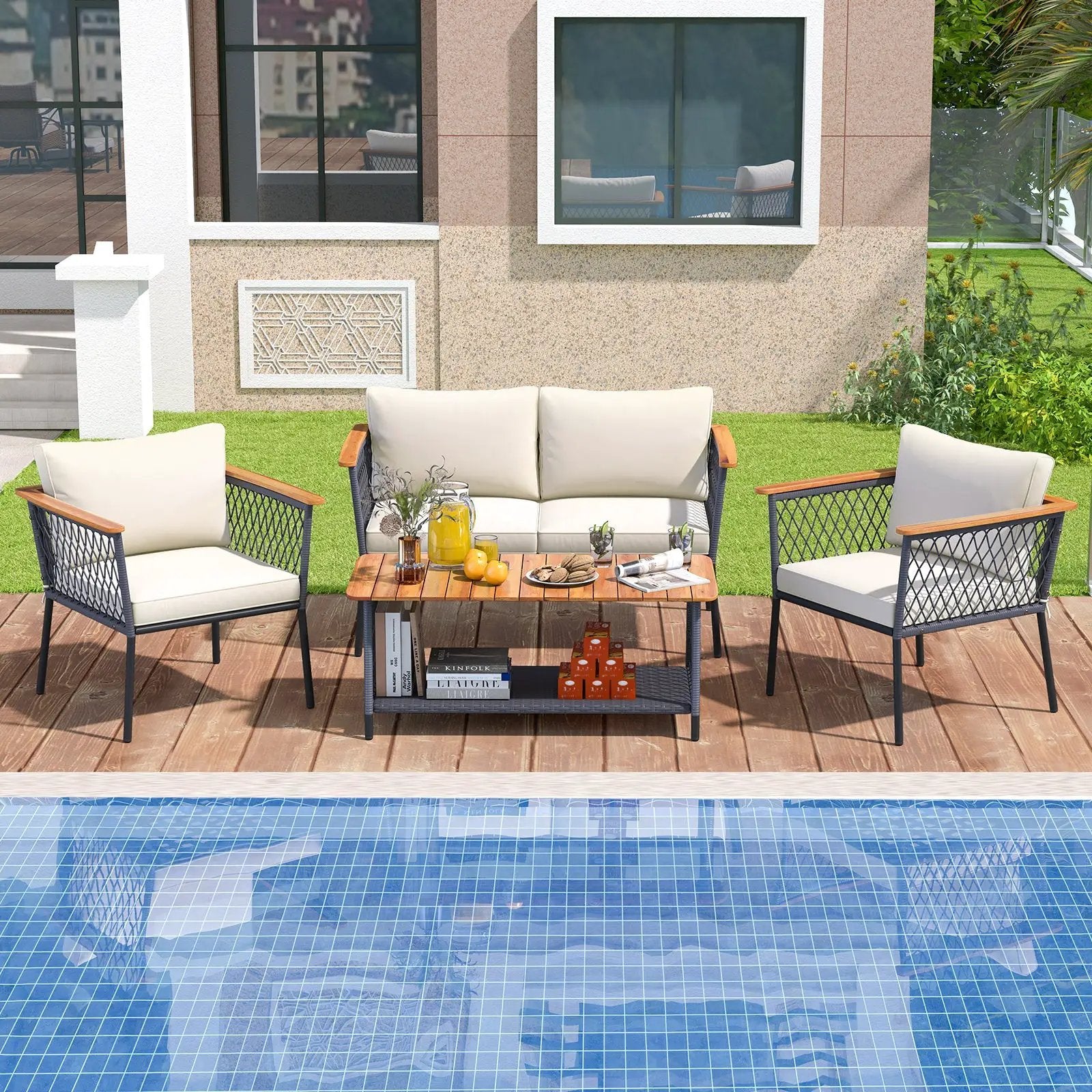 4 Piece Patio Rattan Furniture Set with 2-Tier Coffee Table-White by DirectDeals