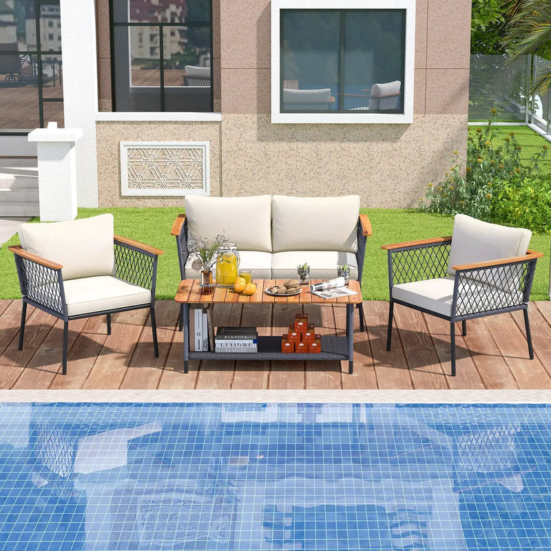 4 Piece Patio Rattan Furniture Set with 2-Tier Coffee Table-White by DirectDeals