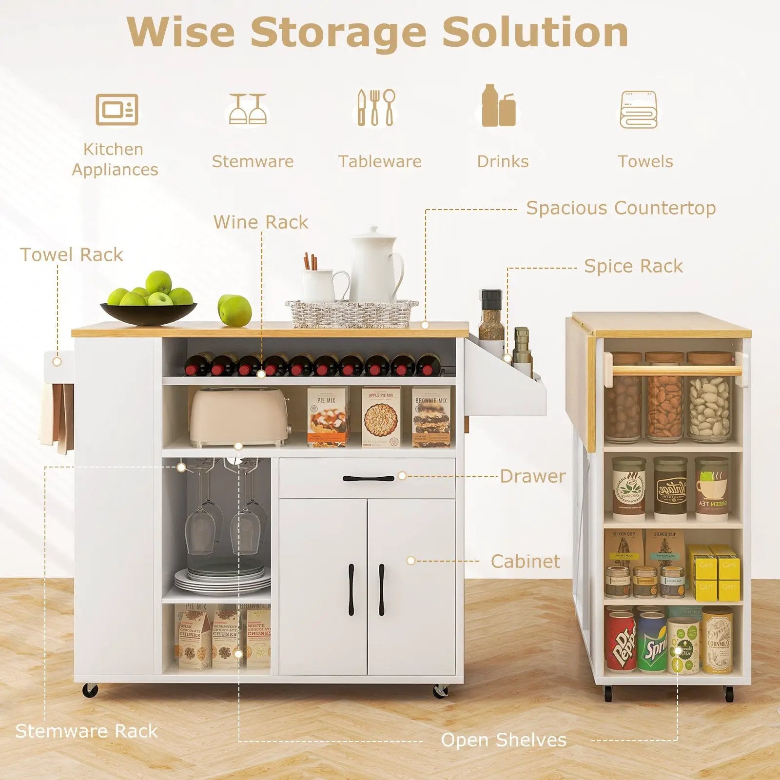 Rolling Kitchen Island Cart with Power Outlet for Dining Room-White and Natural by DirectDeals