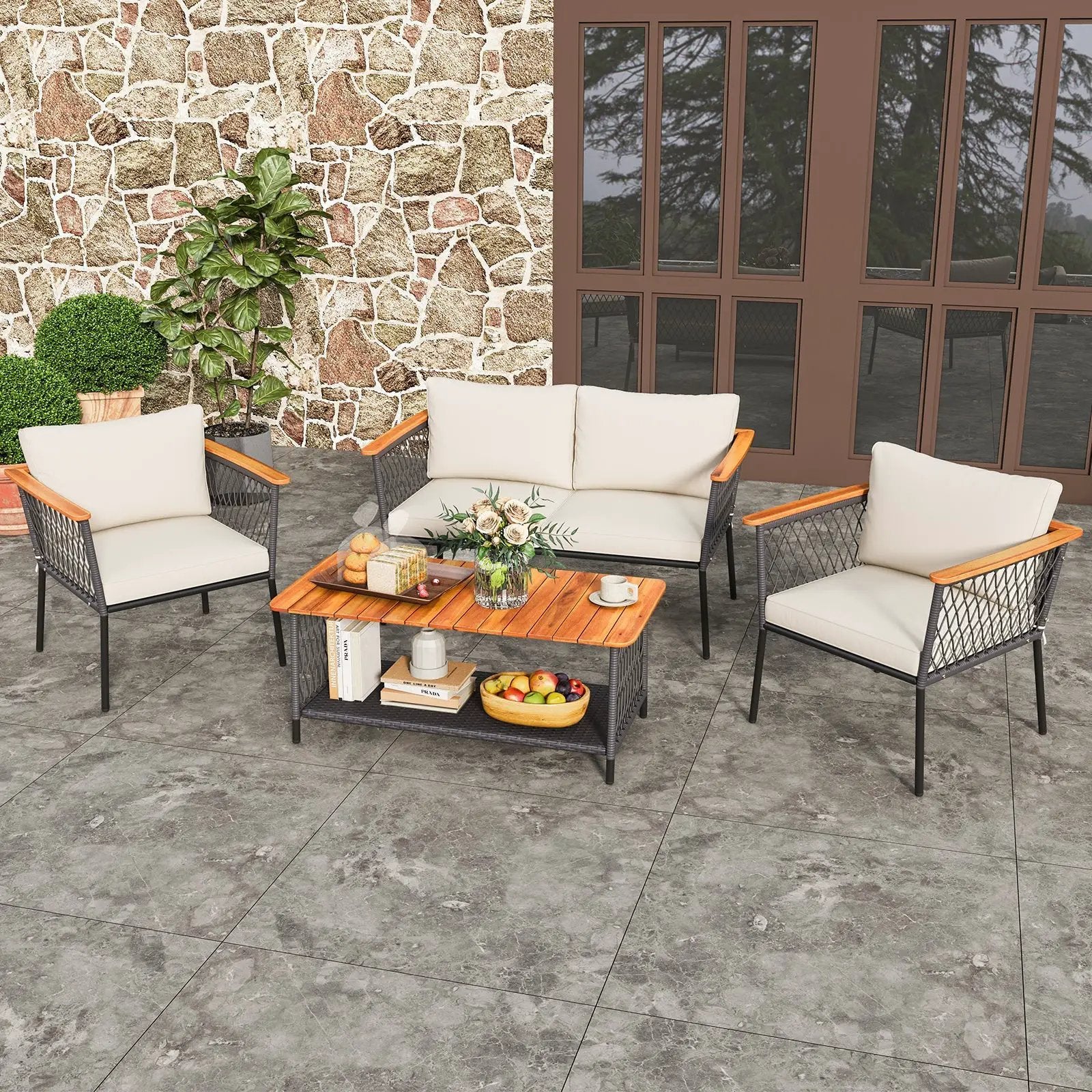 4 Piece Patio Rattan Furniture Set with 2-Tier Coffee Table-White by DirectDeals