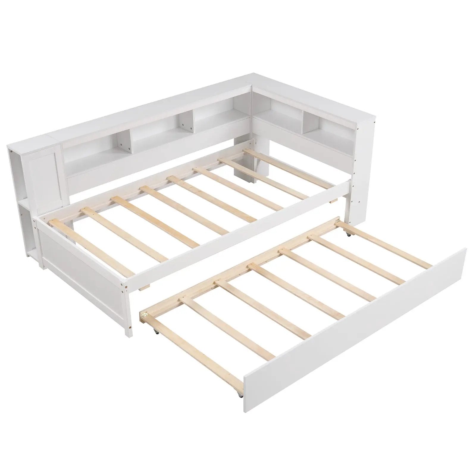 Twin Size Daybed Platform Bed Frame with Trundle and Bedside Shelves-White by DirectDeals