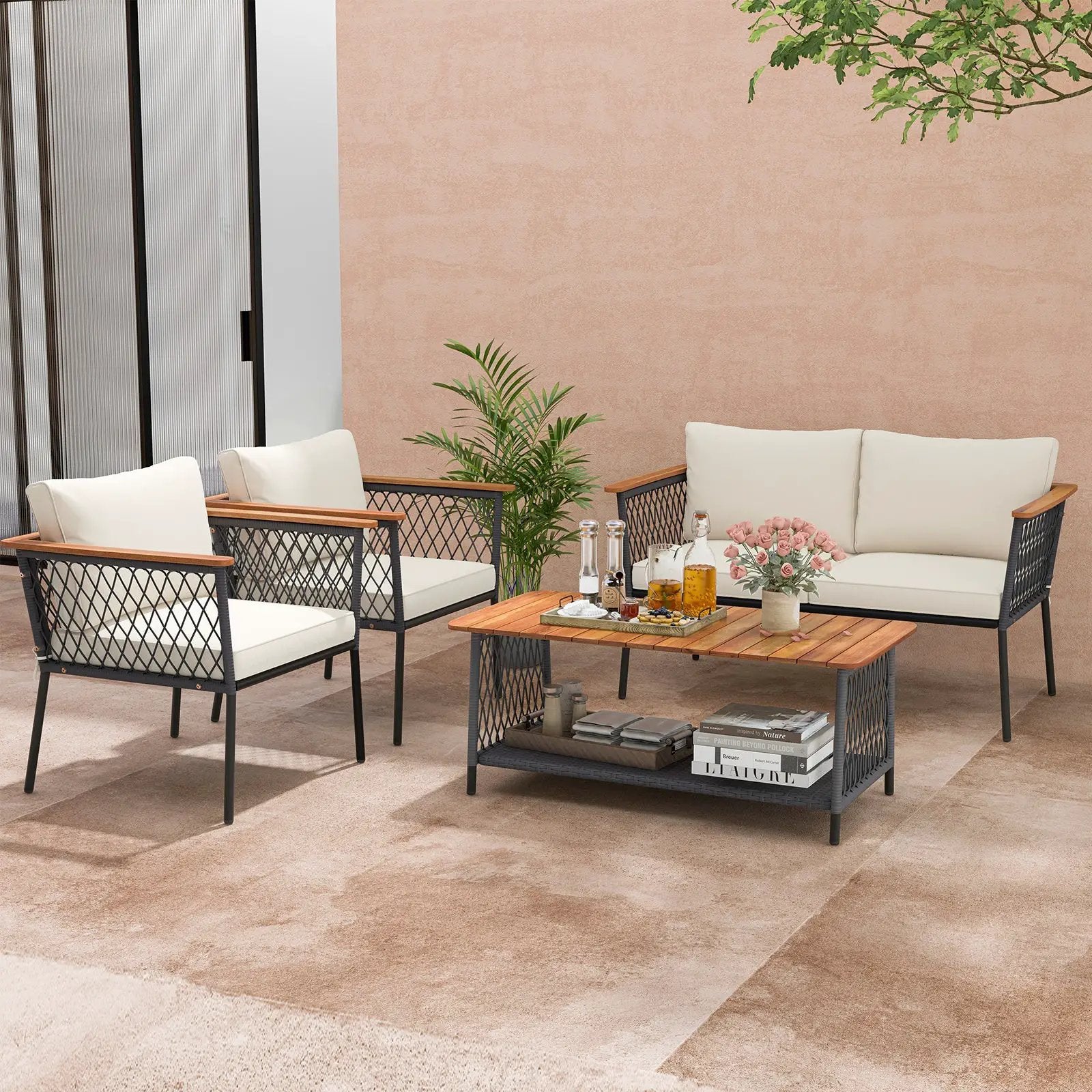 4 Piece Patio Rattan Furniture Set with 2-Tier Coffee Table-White by DirectDeals