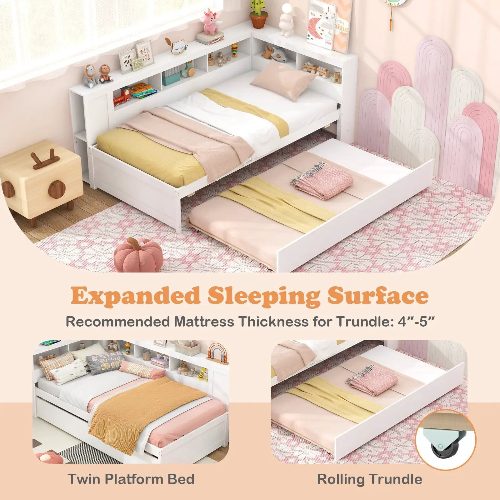Twin Size Daybed Platform Bed Frame with Trundle and Bedside Shelves-White by DirectDeals