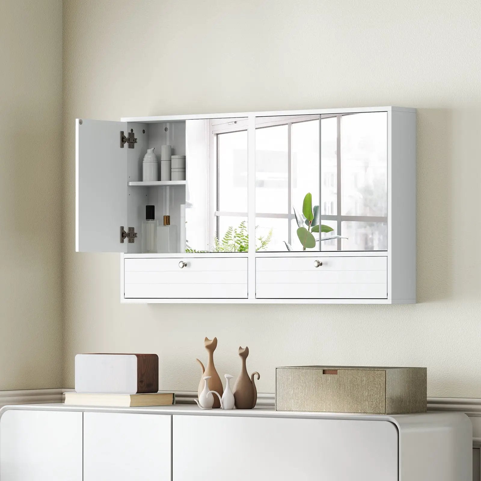 Double Door Wall-Mounted Bathroom Mirrored Medicine Cabinet-White by DirectDeals