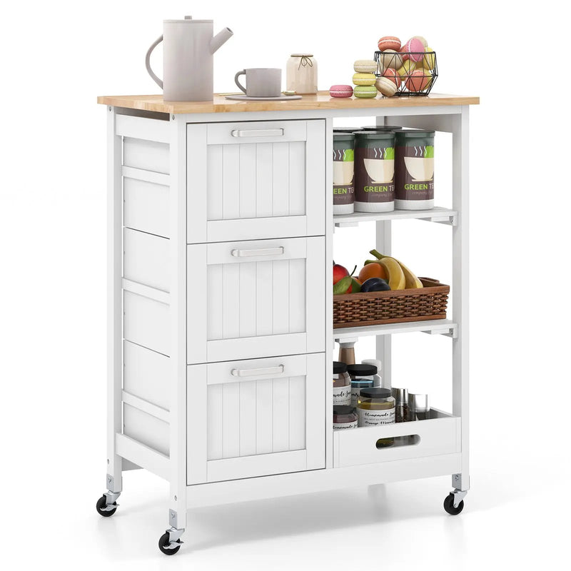 Kitchen Island Cart on Wheels with Rubber Wood Top and 3 Drawersand Removable Tray by DirectDeals