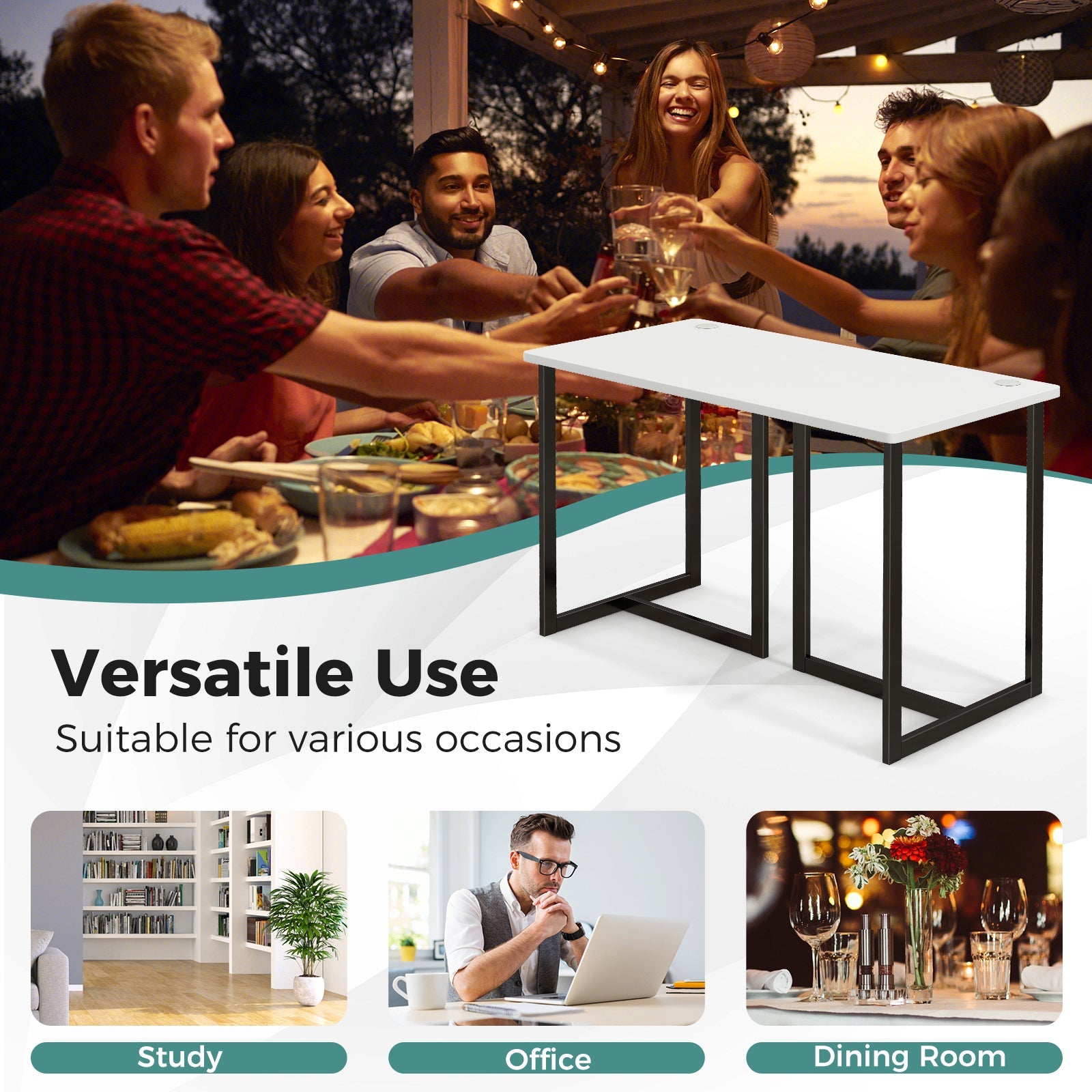 Modern Computer Desk 47 Inch Writing Study Table with Metal Frame by DirectDeals