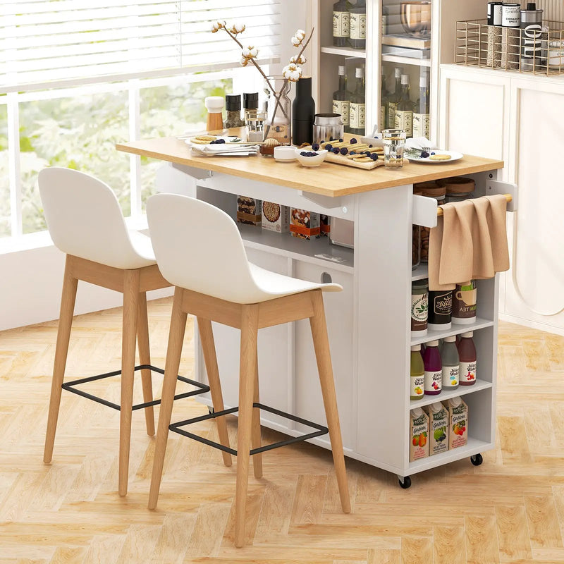 Rolling Kitchen Island Cart with Power Outlet for Dining Room-White and Natural by DirectDeals