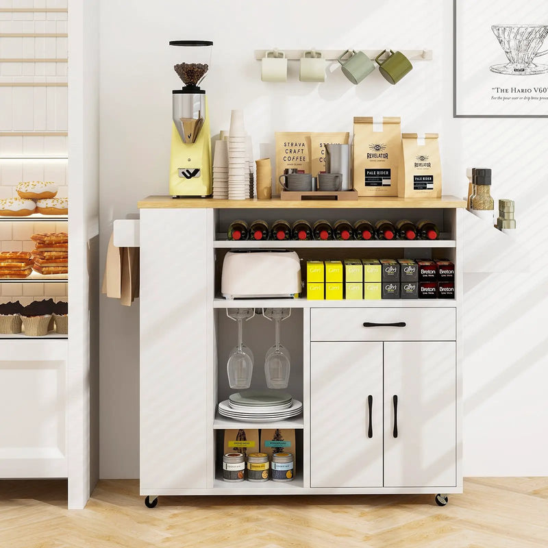 Rolling Kitchen Island Cart with Power Outlet for Dining Room-White and Natural by DirectDeals