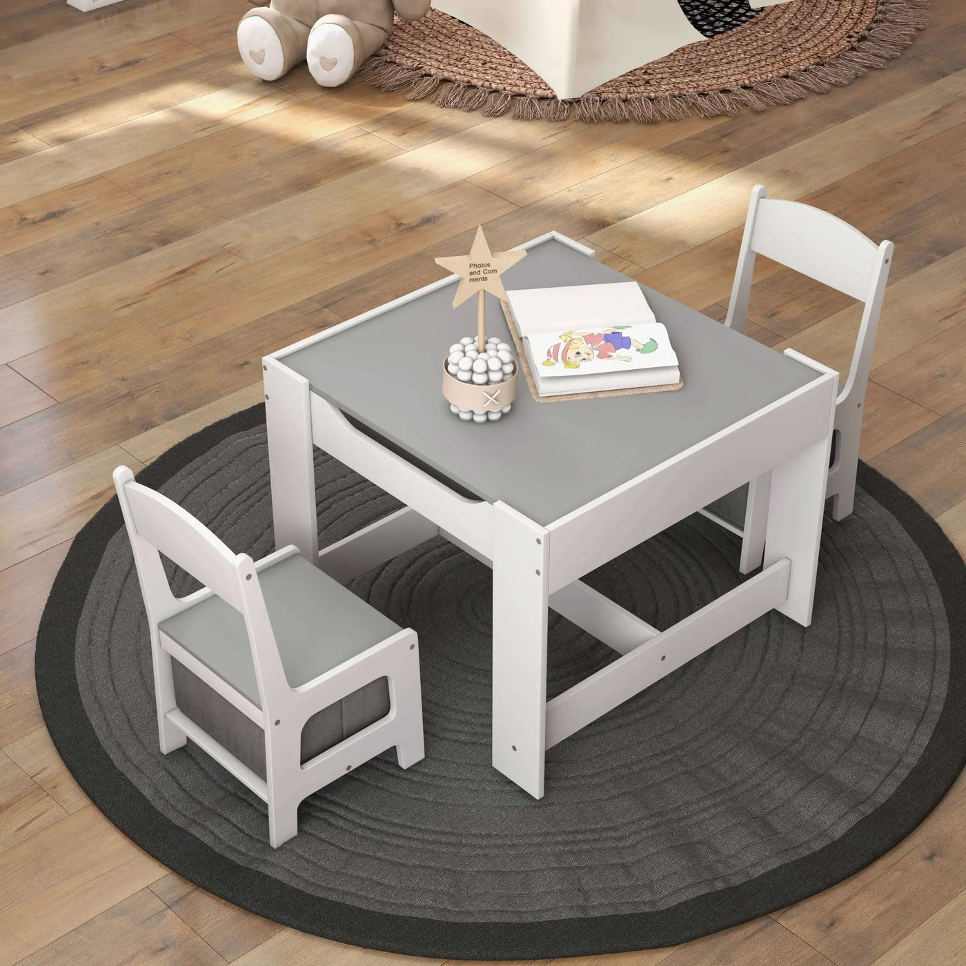 Kids Table Chairs Set With Storage Boxes Blackboard Whiteboard Drawing by DirectDeals