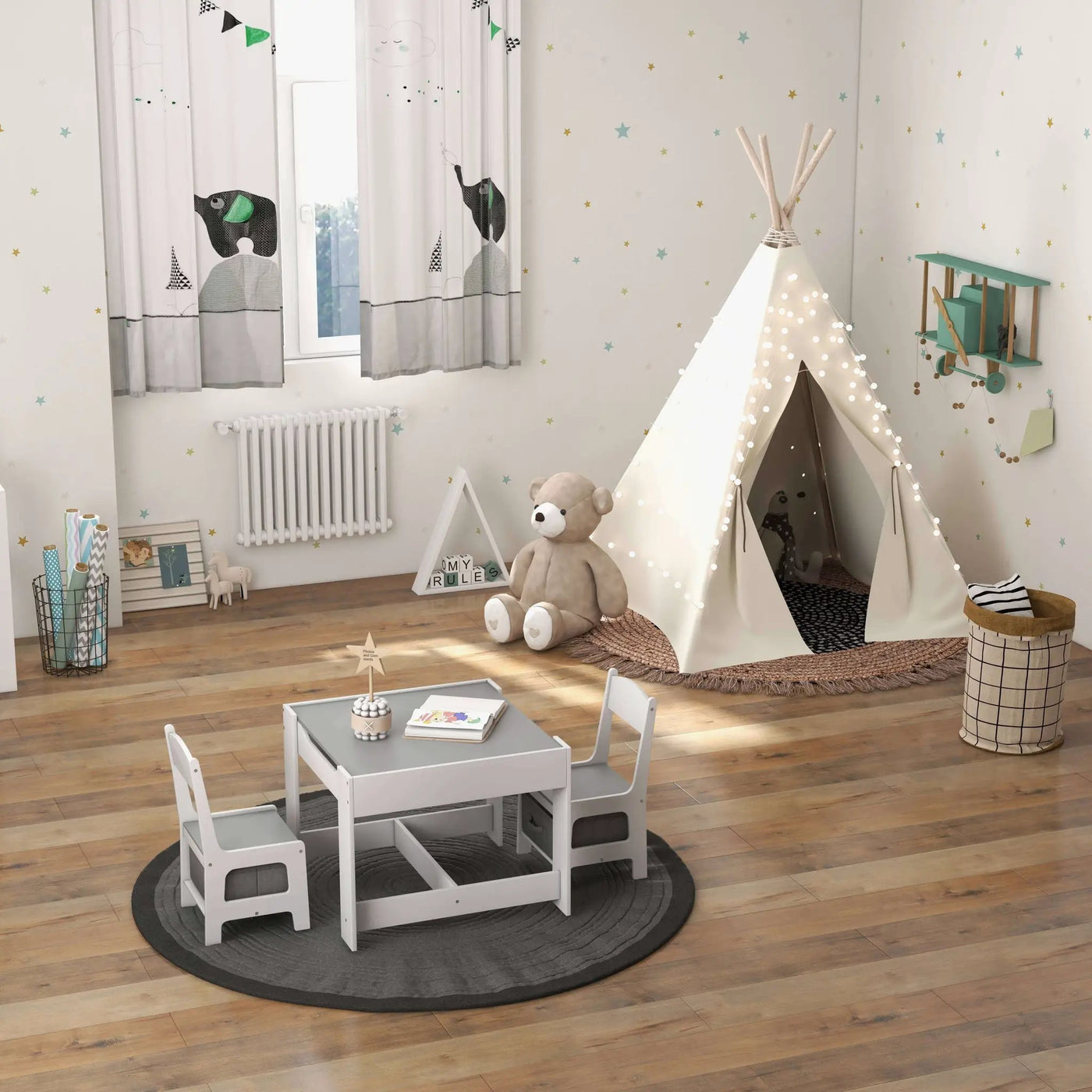 Kids Table Chairs Set With Storage Boxes Blackboard Whiteboard Drawing by DirectDeals