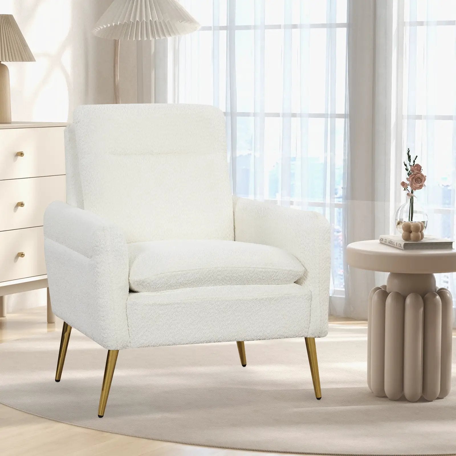 Upholstered Sherpa Modern Accent Armchair for Living Room-White by DirectDeals