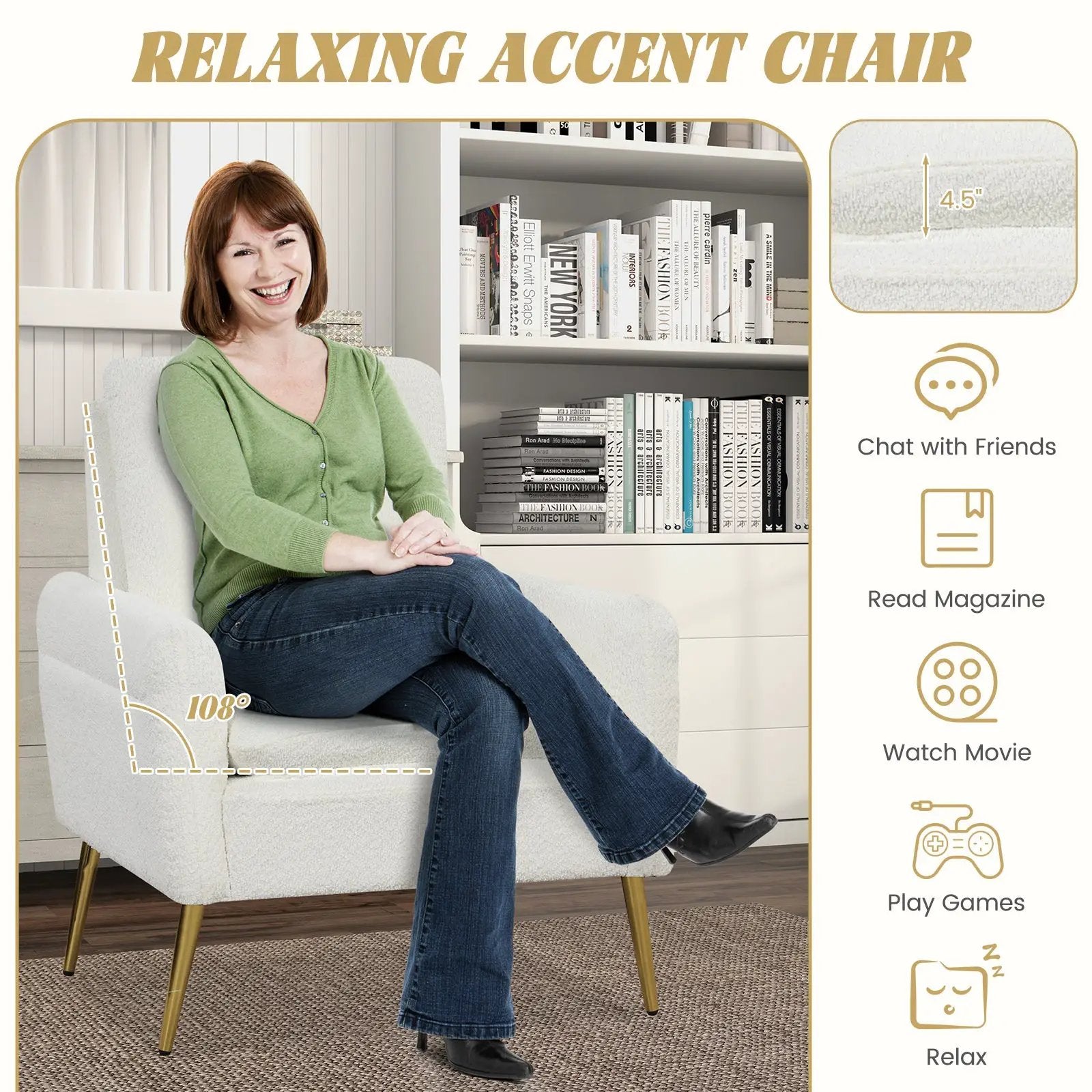 Upholstered Sherpa Modern Accent Armchair for Living Room-White by DirectDeals